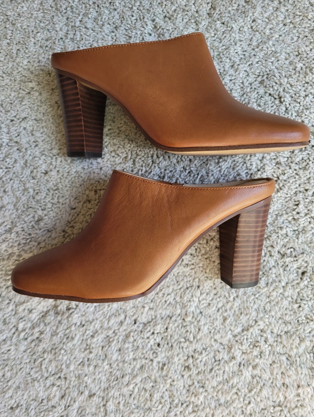 Botkier Cognac Leather Mules 3" Stacked Block Heels 7 1/2